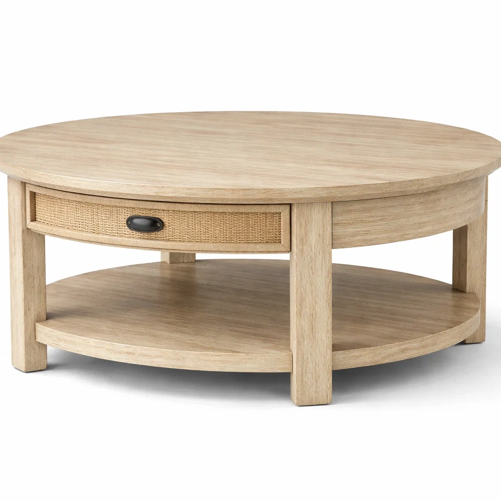 Round Coffee Table with Rattan Drawer and Storage Shelf-CasarioLiving