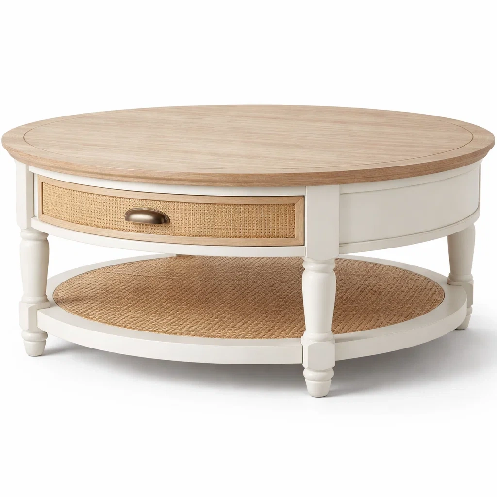 Farmhouse Round Coffee Table with Rattan Shelf and Drawer-CasarioLiving