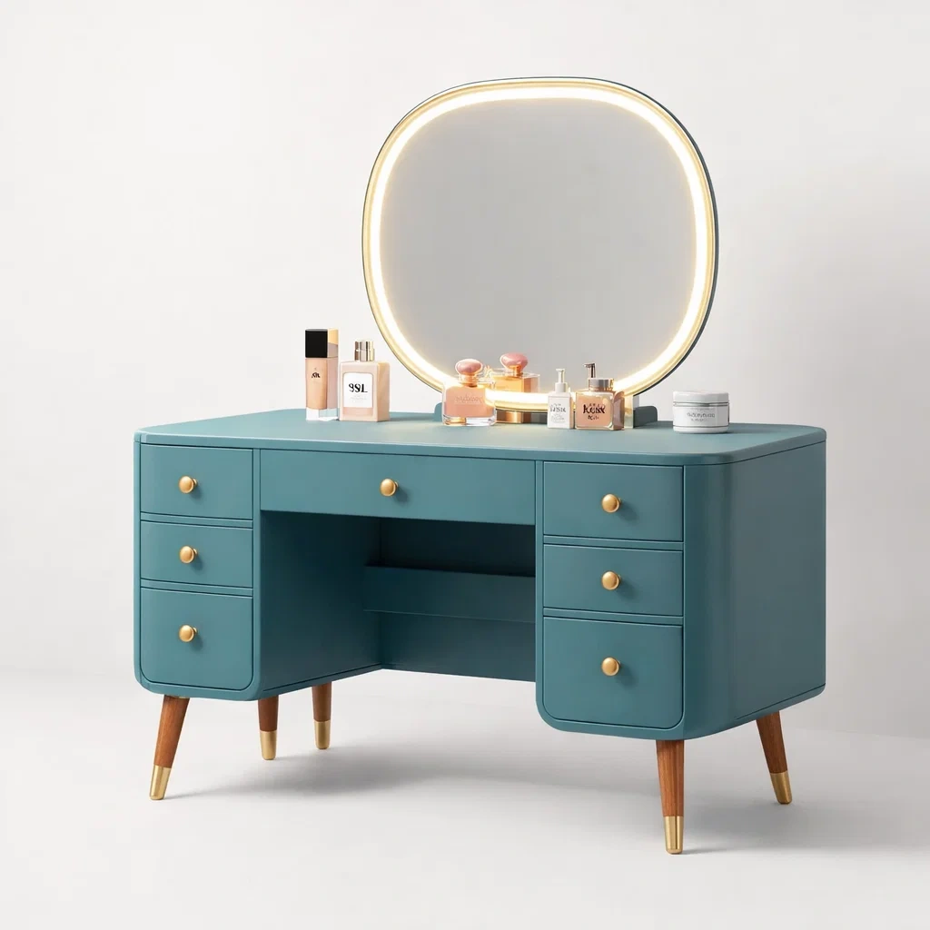 Modern Teal LED Vanity Desk with Storage Drawers and Round Mirror-CasarioLiving