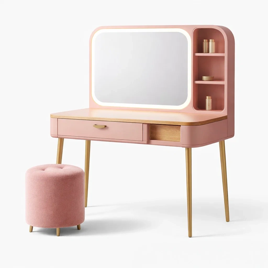 Pink LED Makeup Vanity Table with Shelf Storage and Stool-CasarioLiving