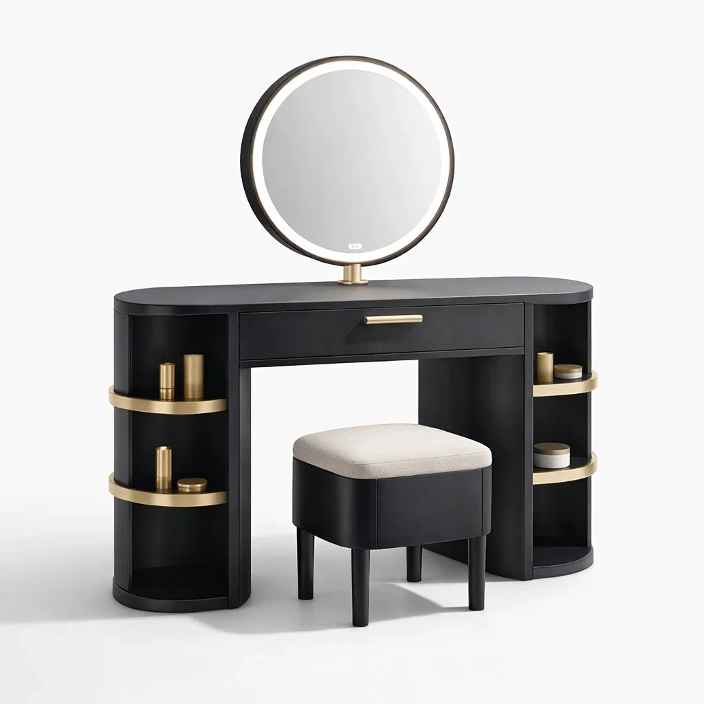 Black Modern Vanity Desk with Round LED Mirror and Side Shelves-CasarioLiving