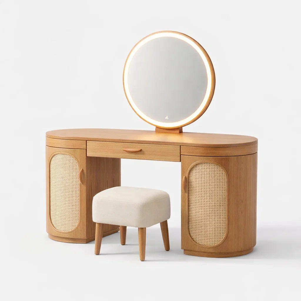 Natural Wood Rattan Vanity Table with LED Mirror and Stool-CasarioLiving