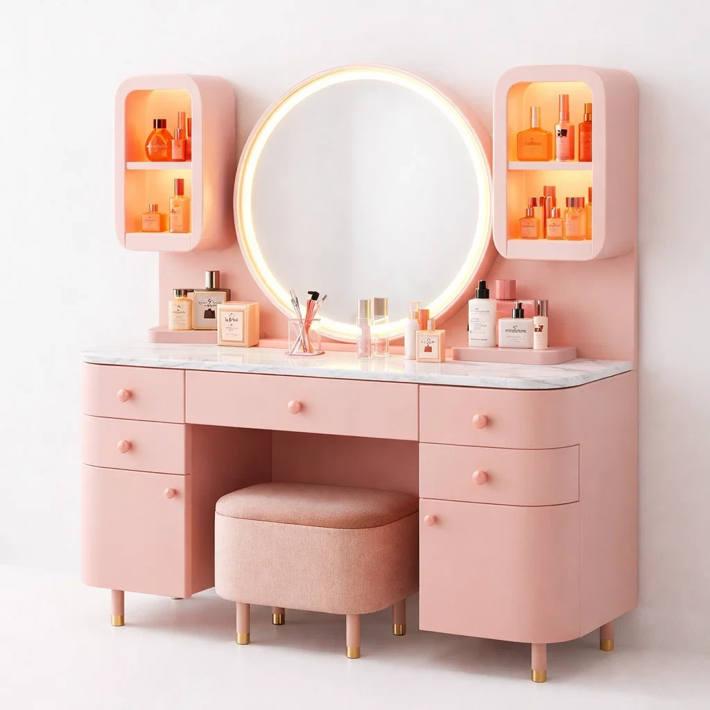 Luxury Pink LED Makeup Vanity Desk with Display Shelves-CasarioLiving