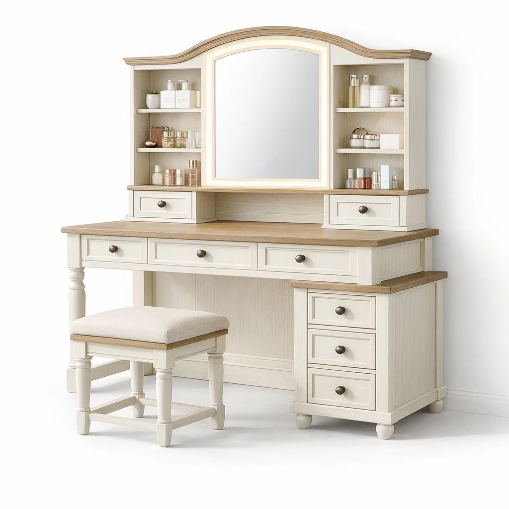 Classic Cream Vanity Desk with Mirror Hutch and Storage Drawers-CasarioLiving