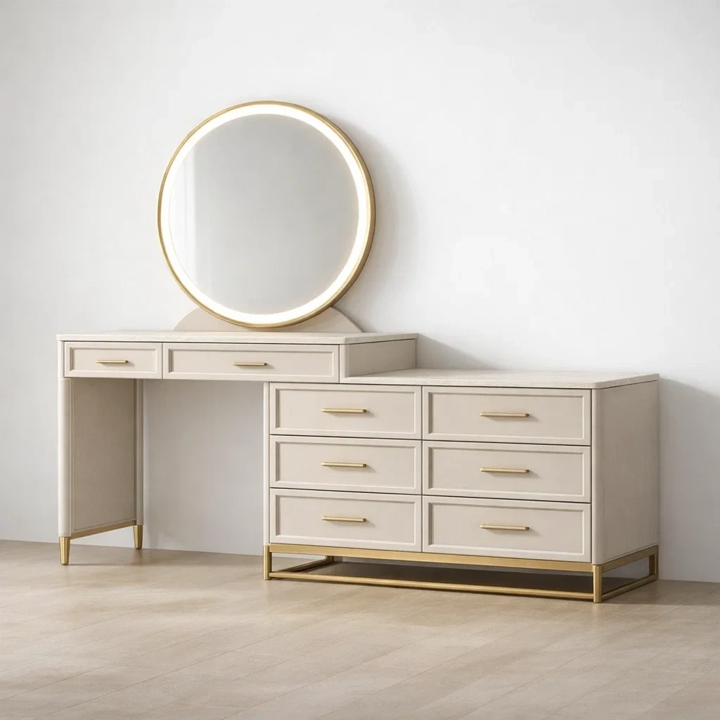 Modern White Vanity Desk with Round LED Mirror and Drawer Chest-CasarioLiving