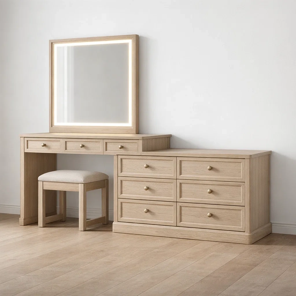 Oak Finish Makeup Vanity Desk with LED Mirror and Drawer Storage-CasarioLiving