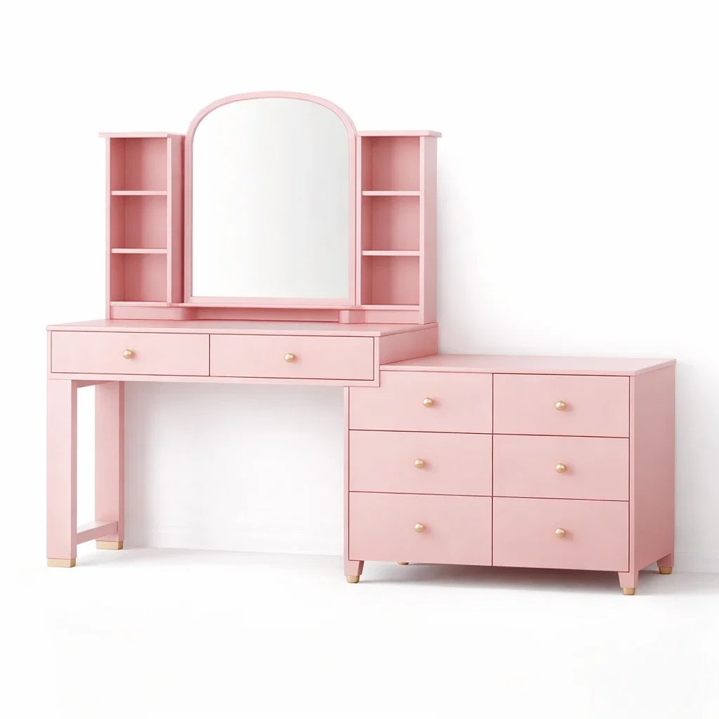 Pink Makeup Vanity Table with Storage Drawers and Side Cabinet-CasarioLiving