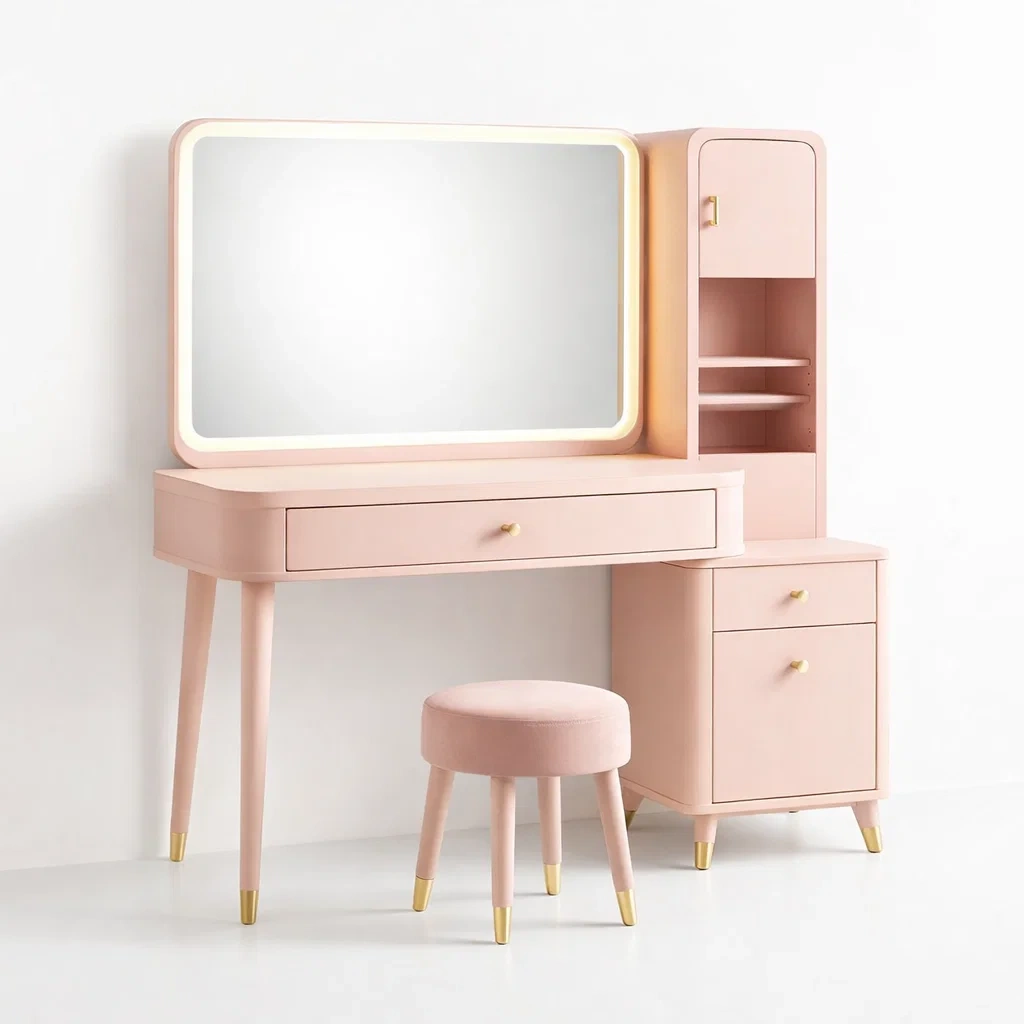 Modern Pink Vanity Desk with LED Mirror and Storage Cabinet-CasarioLiving