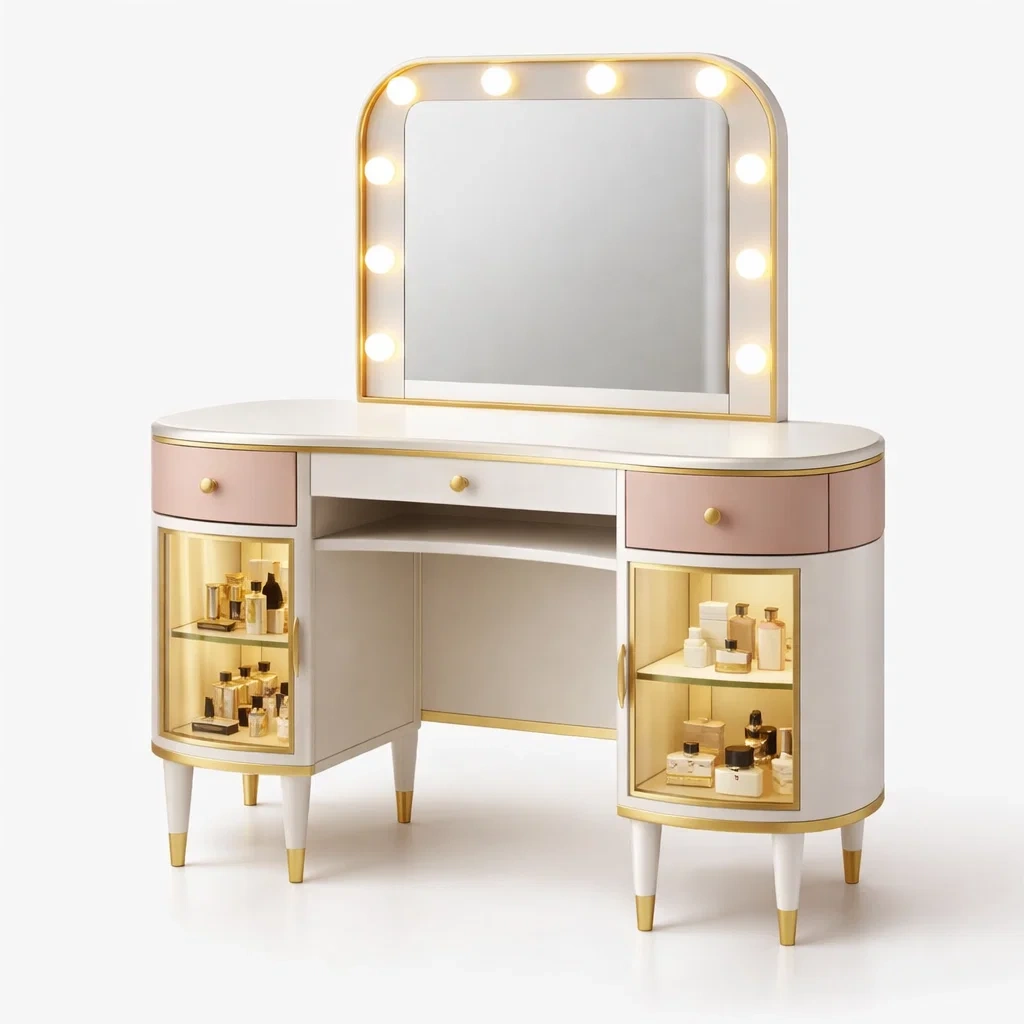 White and Gold LED Vanity Table with Lighted Mirror-CasarioLiving
