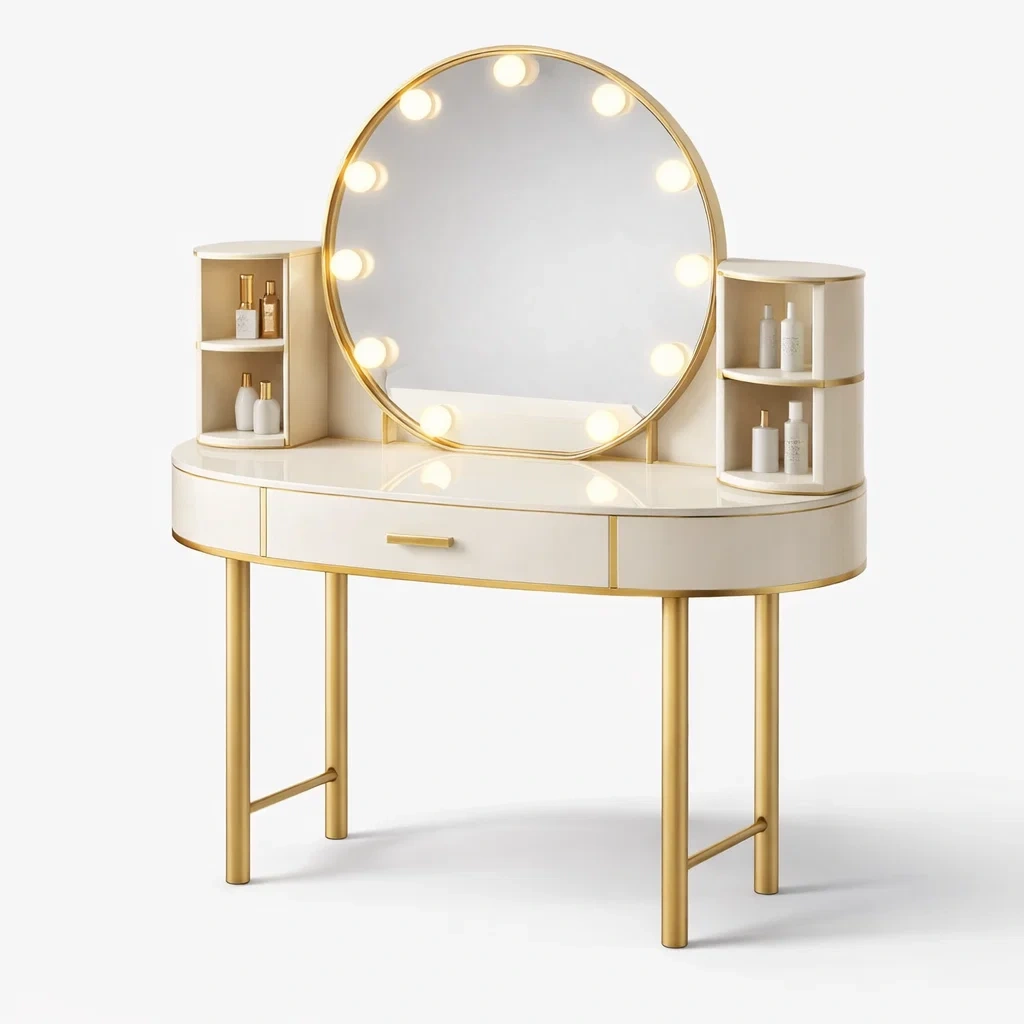 Luxury Cream Makeup Vanity Desk with Hollywood LED Mirror-CasarioLiving