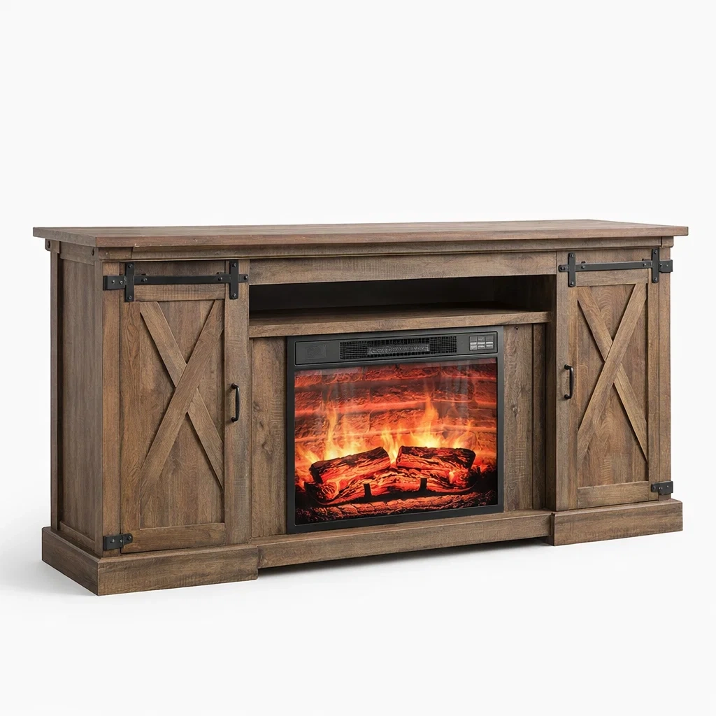 Farmhouse Sliding Barn Door Electric Fireplace TV Stand-CasarioLiving