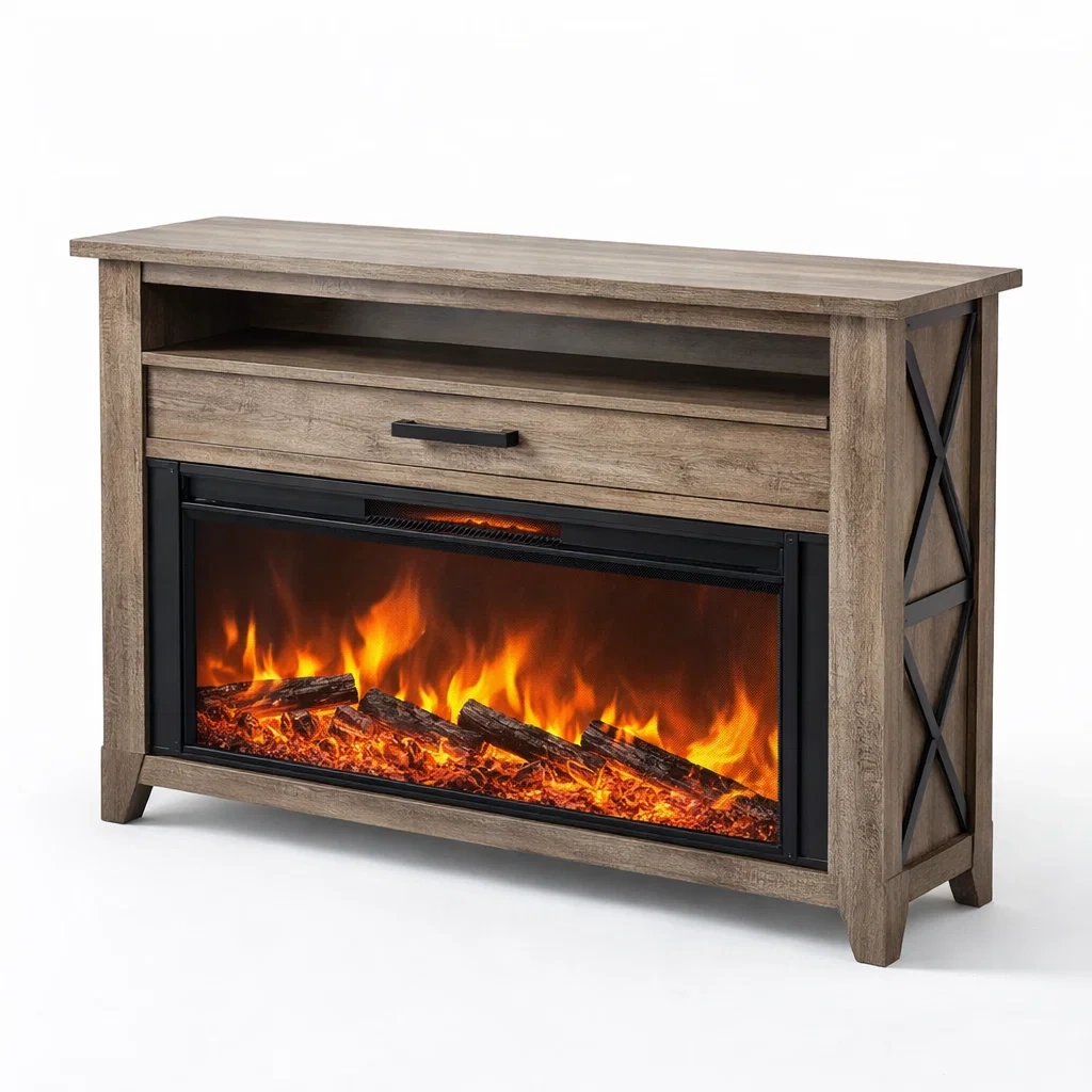 Rustic Wood Electric Fireplace Console with Shelf Storage-CasarioLiving