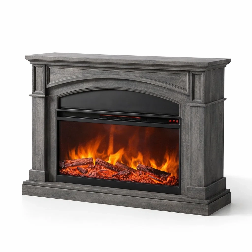 Grey Modern Electric Fireplace Mantel Heater Cabinet-CasarioLiving