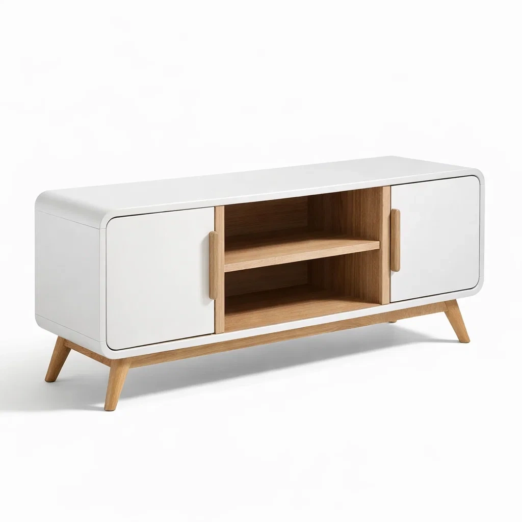 Modern White and Oak TV Stand with Open Media Shelf-CasarioLiving