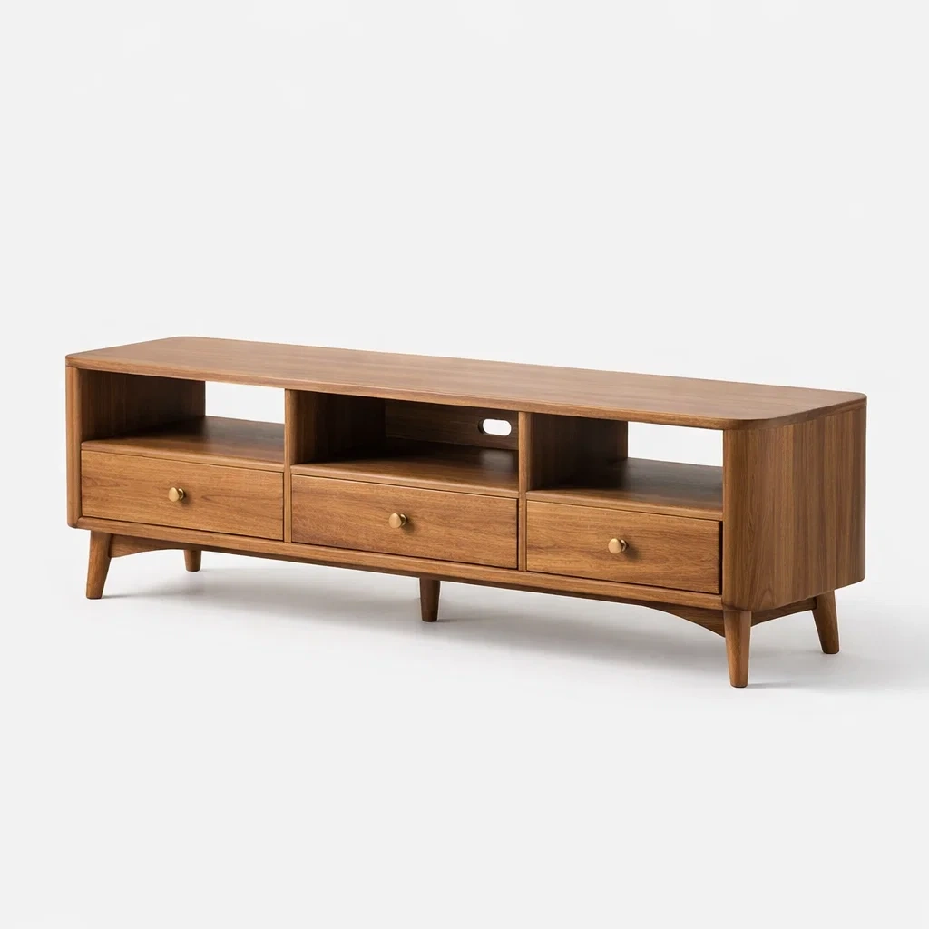Mid Century Walnut TV Stand with Drawers and Open Shelves-CasarioLiving