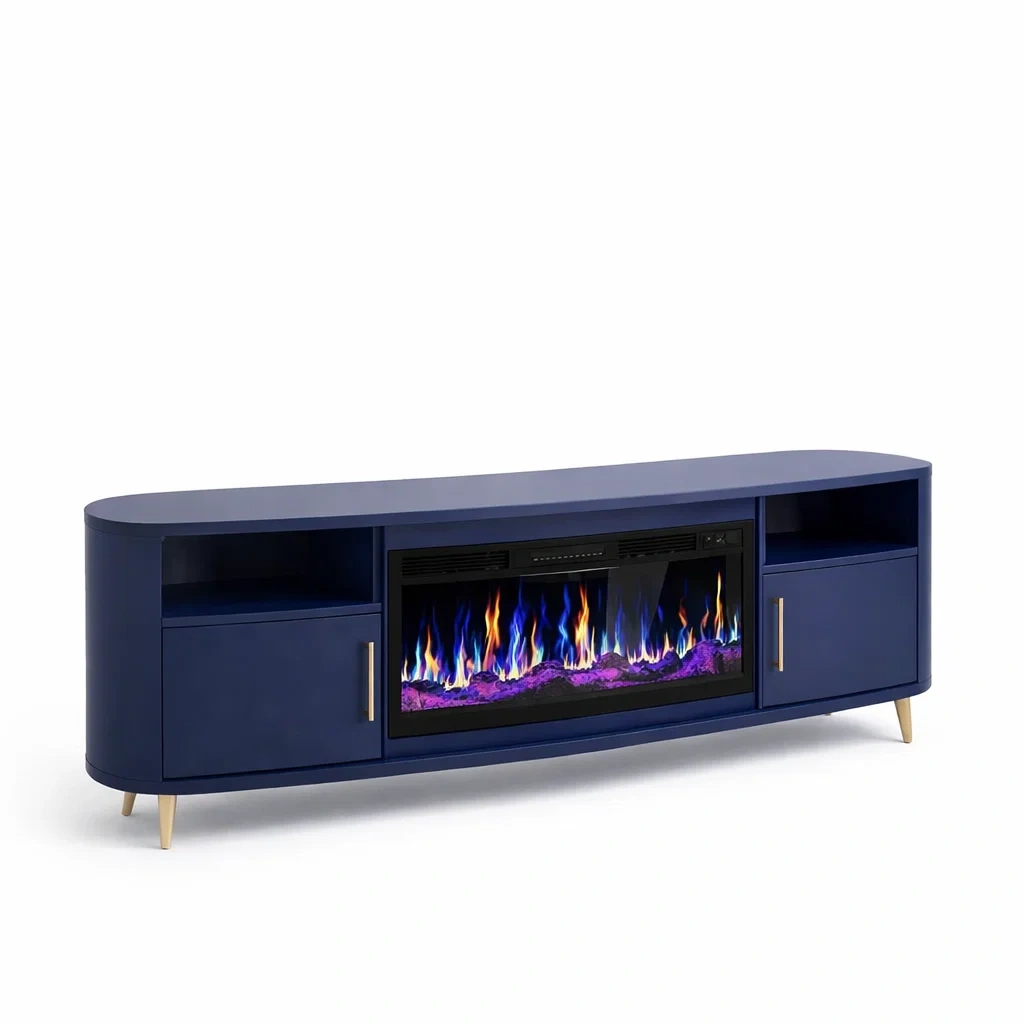 Modern Blue Electric Fireplace TV Stand with Storage Cabinets-CasarioLiving