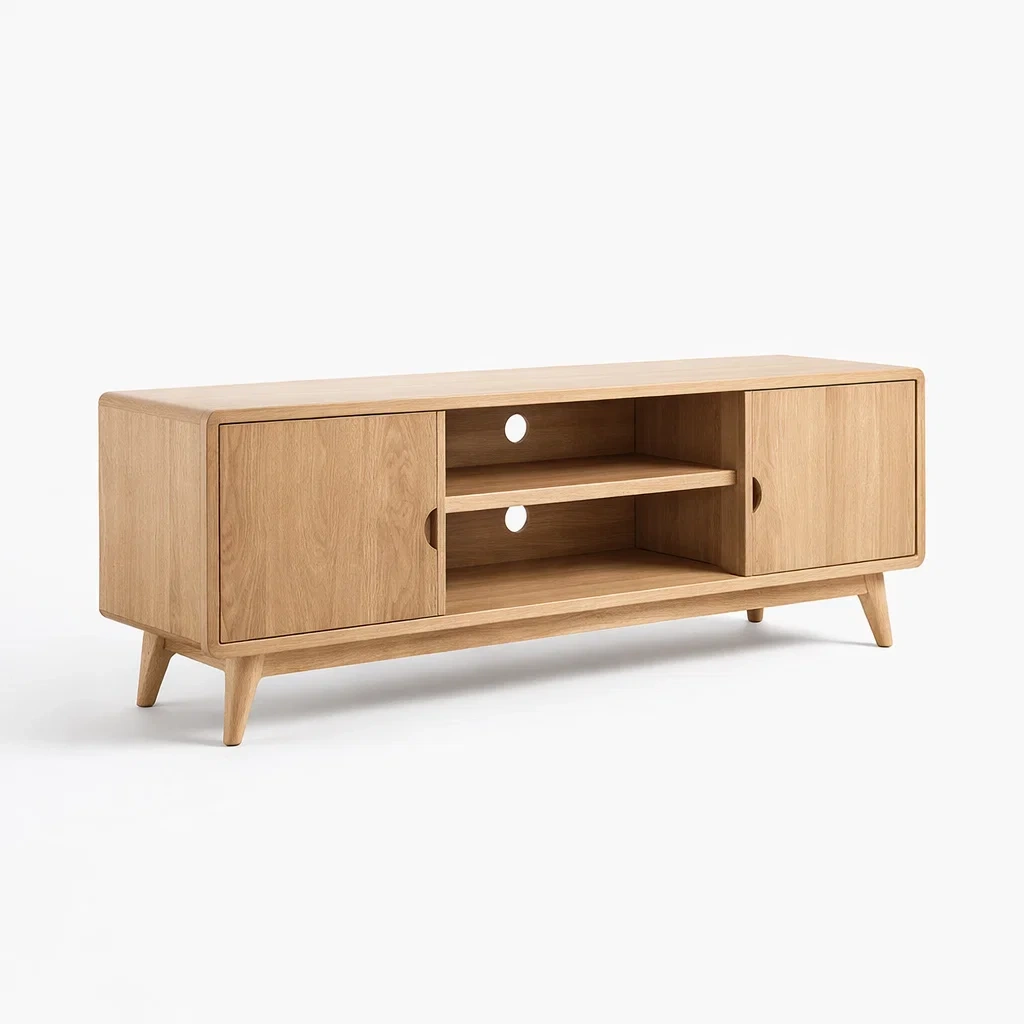 Scandinavian Oak TV Stand with Sliding Cabinet Doors-CasarioLiving