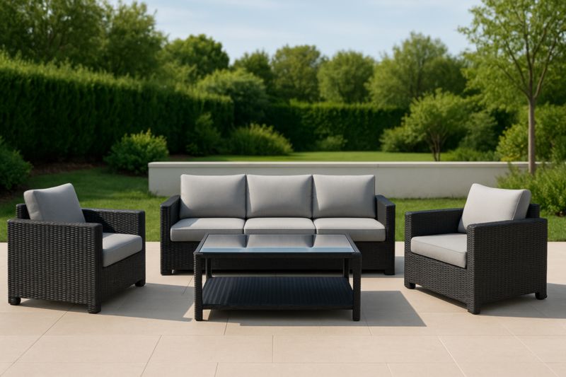 Set da Giardino in Rattan con Cuscini in Poliestere e Tavolino in Vetro Nero