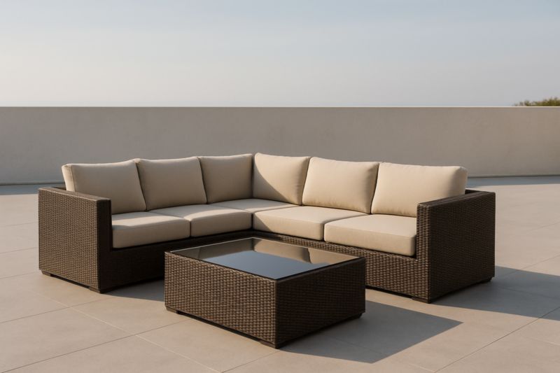 Set Divano ad angolo da esterno in rattan sintetico con tavolino in vetro temperato