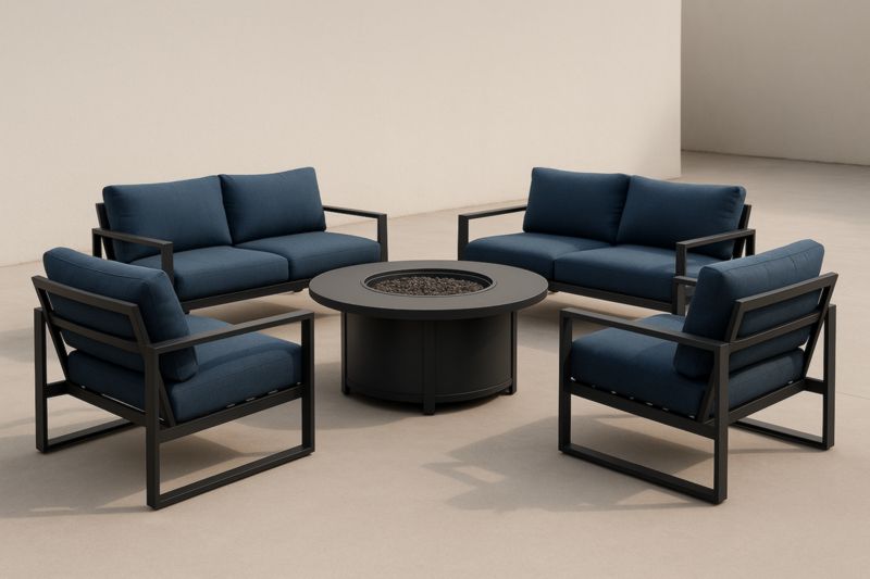 Set salotto da esterno in alluminio con cuscini in tessuto blu 2 poltrone 2 divani e tavolo rotondo