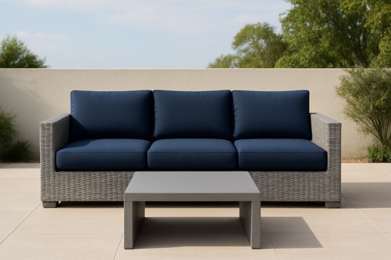 Divano da Giardino 3 Posti in Rattan Sintetico Blu con Tavolino Grigio