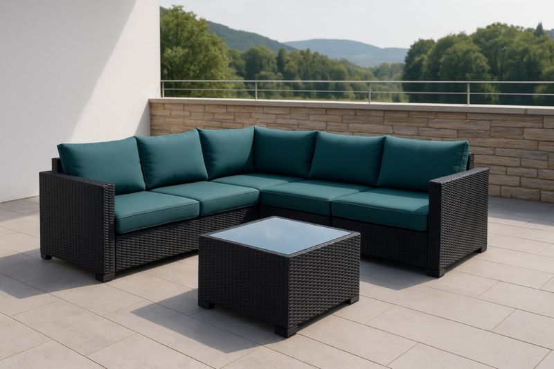 Set Divano ad angolo da Giardino Rattan Sintetico con Tavolino in Vetro