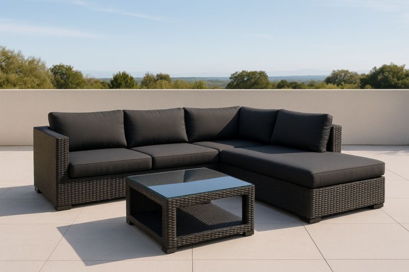 Divano ad angolo in rattan sintetico con tavolino in vetro temperato nero