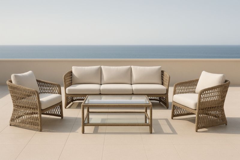 Set da Giardino in Rattan Sintetico con Divano, Poltrone e Tavolo in Vetro
