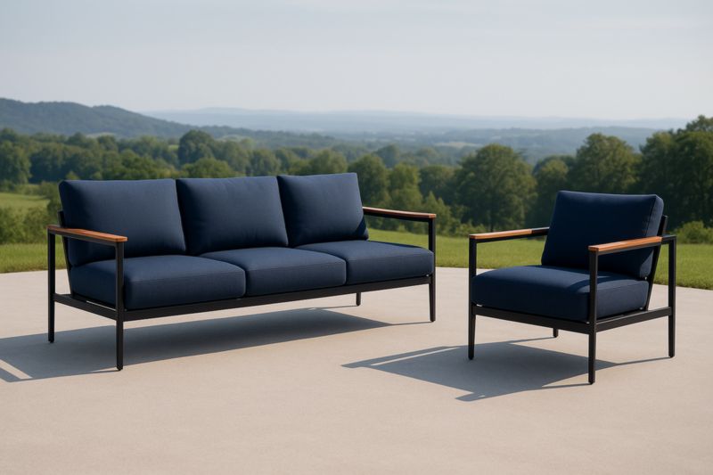 Set Divano e Poltrona in Metallo e Tessuto Blu