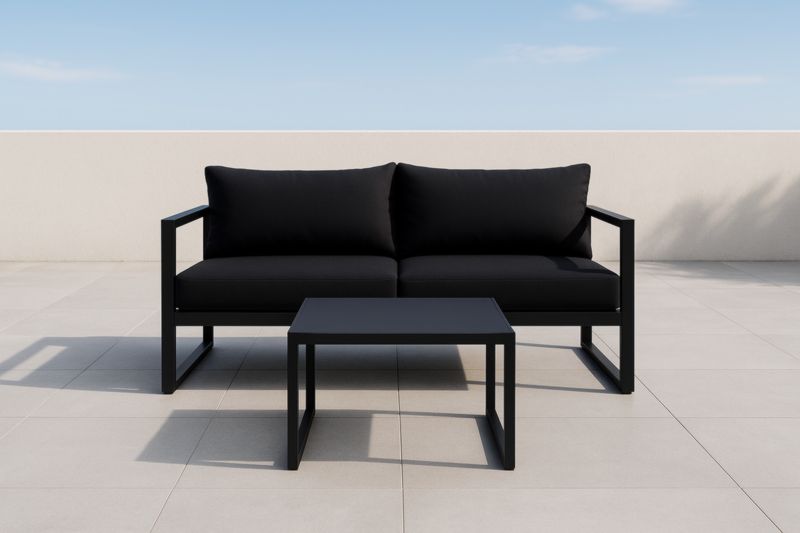 Divano da Esterno in Alluminio con Cuscini in Poliestere e Tavolino