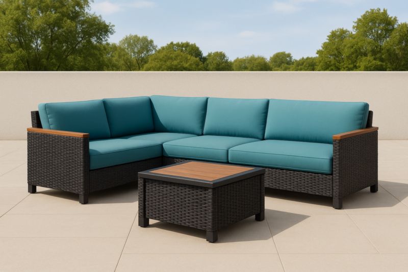 Set salotto da giardino in rattan sintetico con cuscini blu