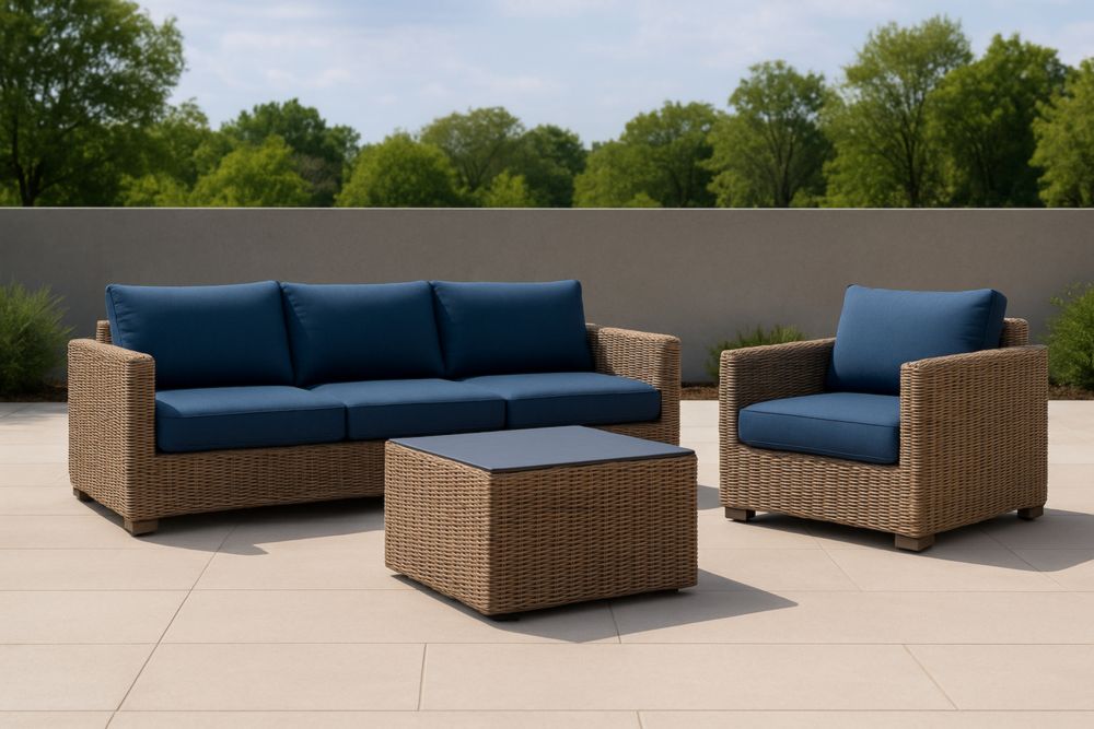 Set Divano da Giardino in Rattan Sintetico con Cuscini Blu e Tavolino in Vetro