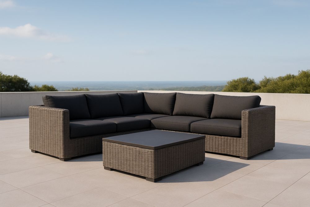 Set Divano ad angolo da Esterno in Rattan con Cuscini in Poliestere e Tavolino