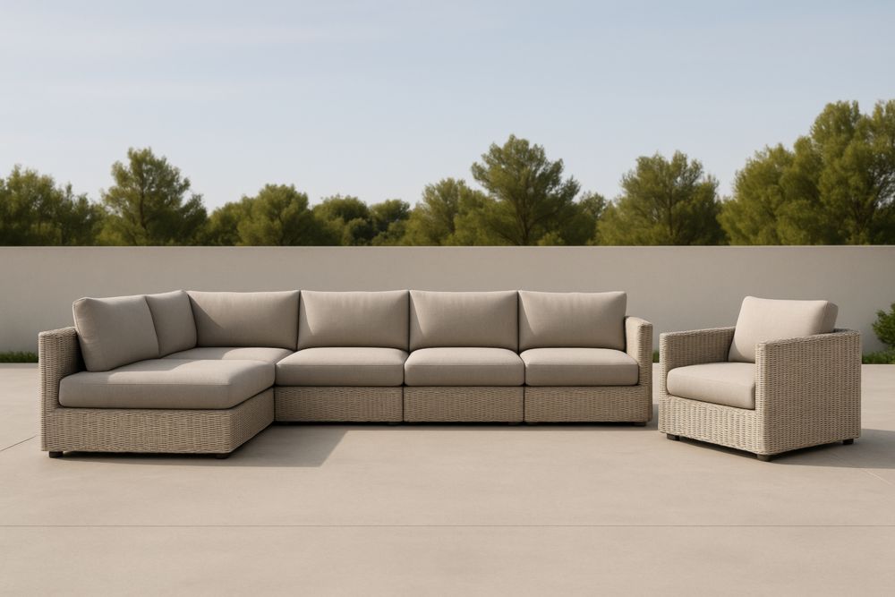 Set Divano ad angolo da Esterno in Rattan con Poltrona, Beige