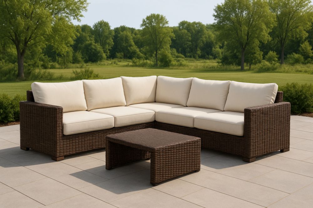 Divano ad angolo in rattan sintetico marrone con cuscini in poliestere beige