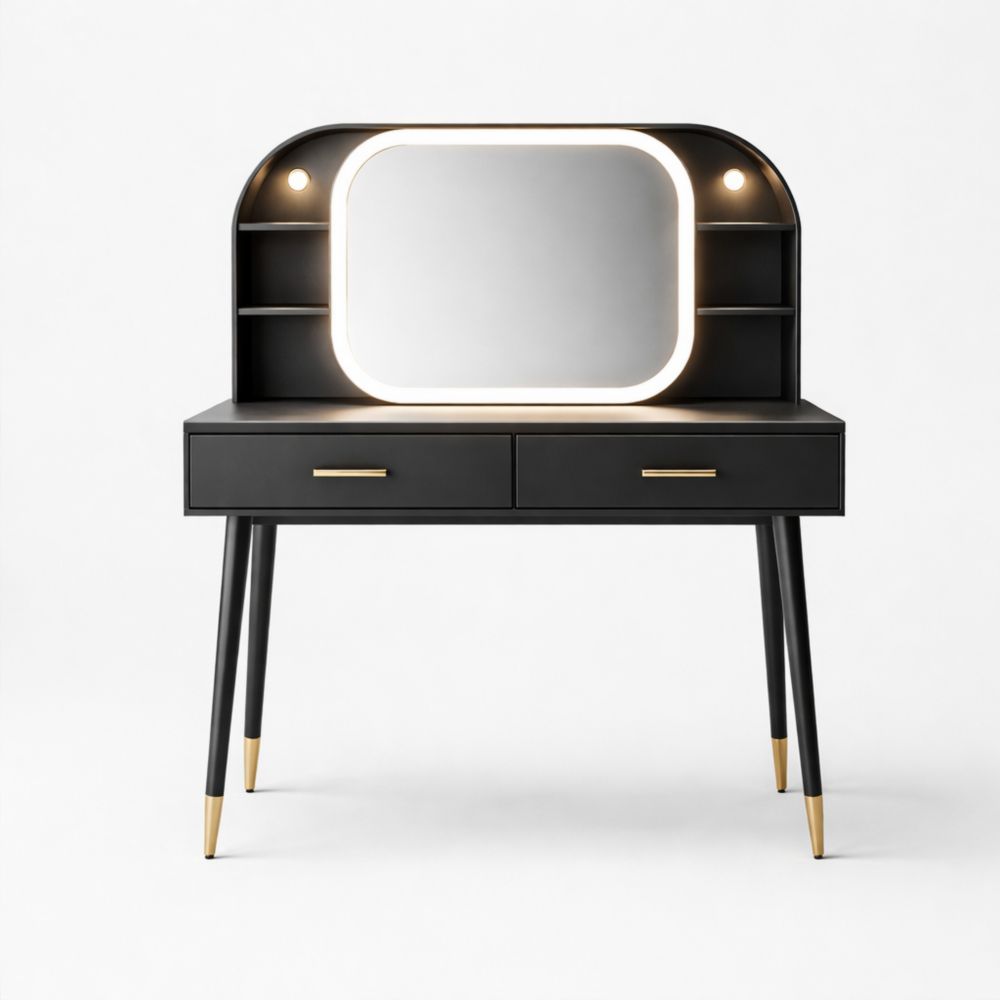 Coiffeuse Noire avec Miroir LED et Deux Tiroirs