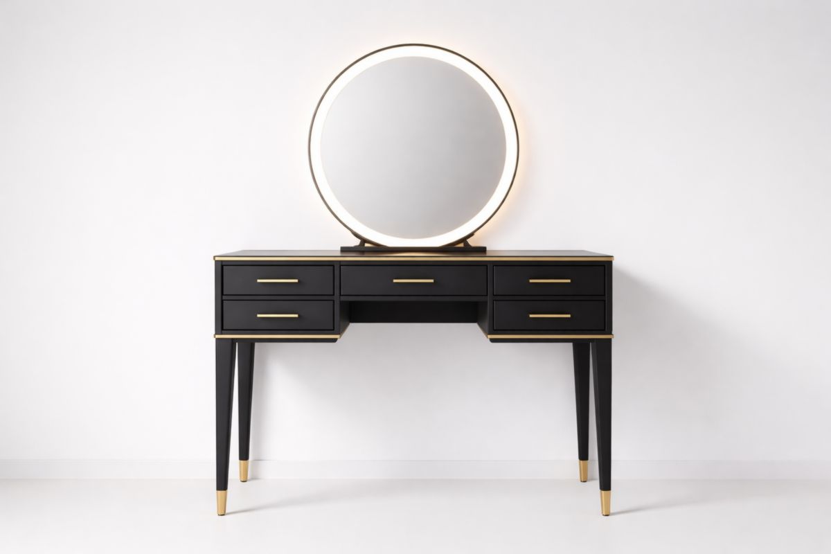Coiffeuse noire en MDF avec miroir rond LED et 5 tiroirs