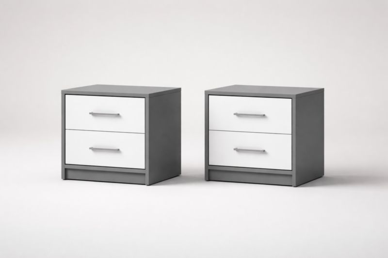 Meuble de chevet 2 tiroirs gris/blanc en bois mélaminé ensemble de 2