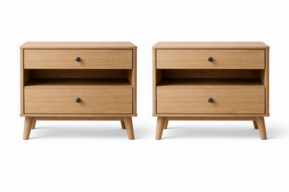 Tables de chevet en bois clair avec tiroirs et étagère ouverte