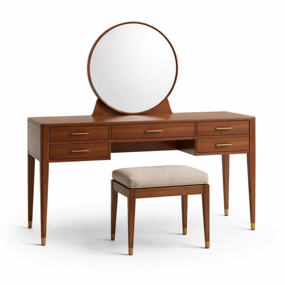Coiffeuse en bois avec miroir rond et tabouret