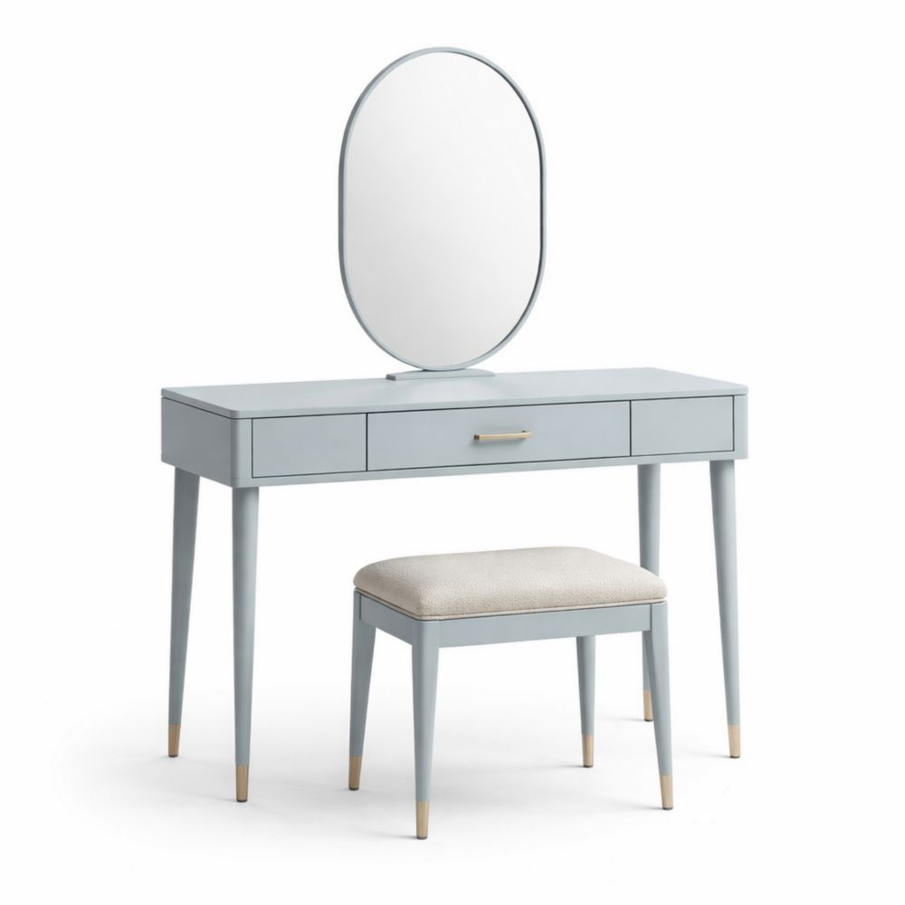 Coiffeuse en bois gris clair avec miroir ovale et tabouret rembourré