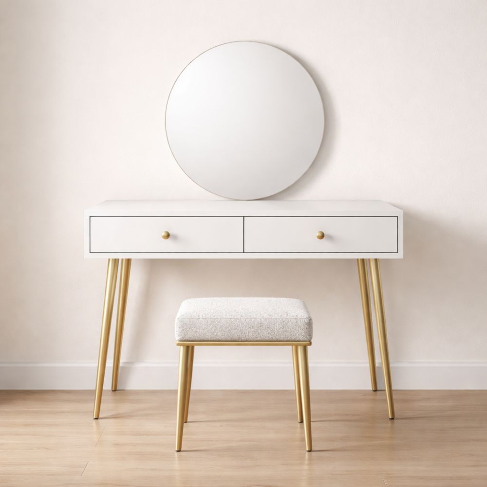 Coiffeuse en Bois Blanc avec Métal Doré et Miroir Rond
