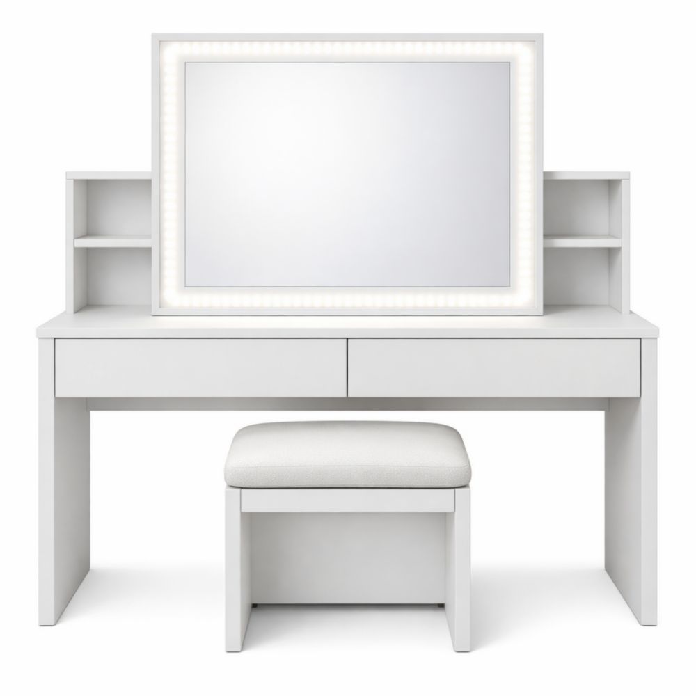 Coiffeuse avec Miroir LED et Tabouret en Panneaux de Particules Blancs