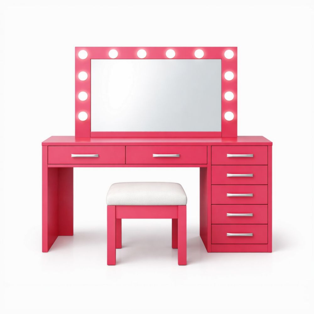 Coiffeuse avec Miroir Éclairé et Tabouret Bois/Tissu Rose