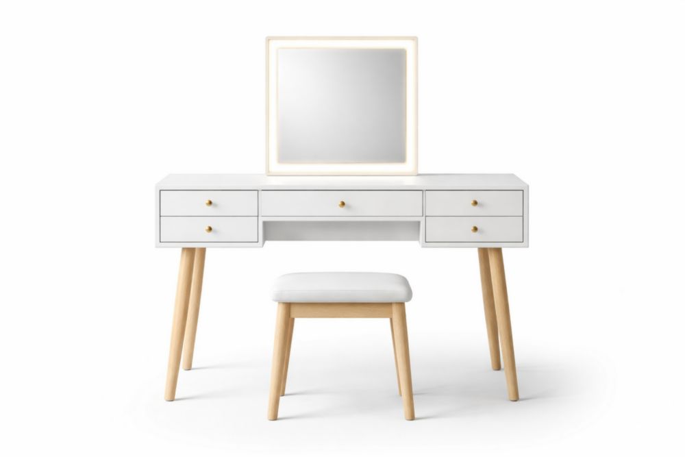 Coiffeuse avec miroir LED et tabouret en bois