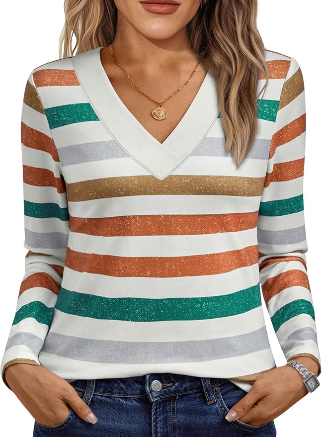 AUTOMET Long Sleeve Shirts for Women Tops V Neck Casual Top Comfortable Shirt Soft Basic Tees Women Blouses