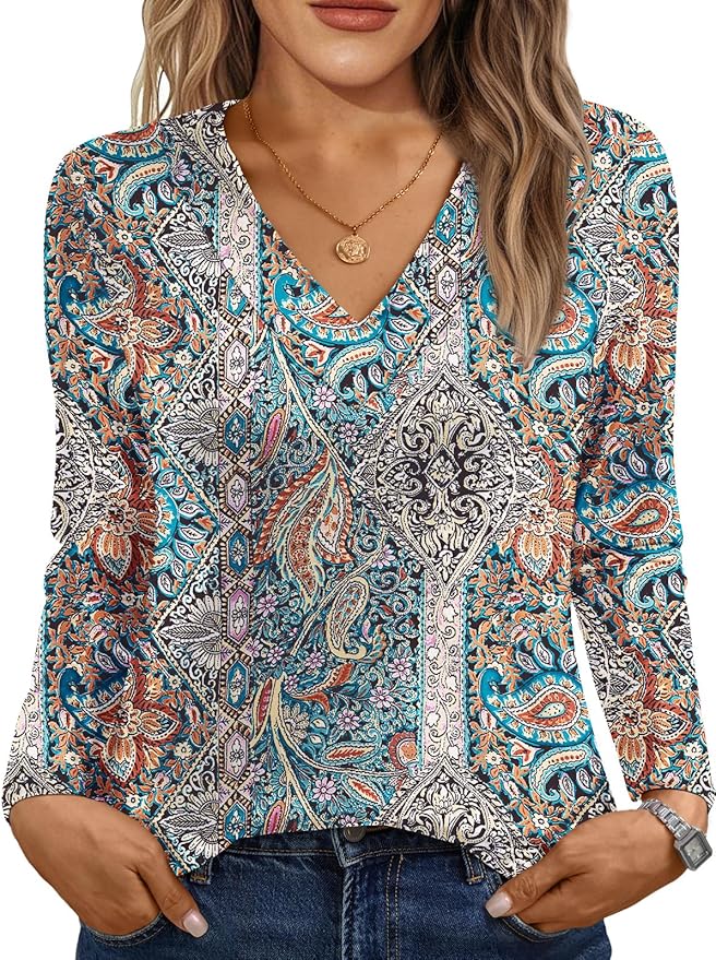 AUTOMET Long Sleeve Shirts for Women Tops V Neck Casual Top Comfortable Shirt Soft Basic Tees Women Blouses