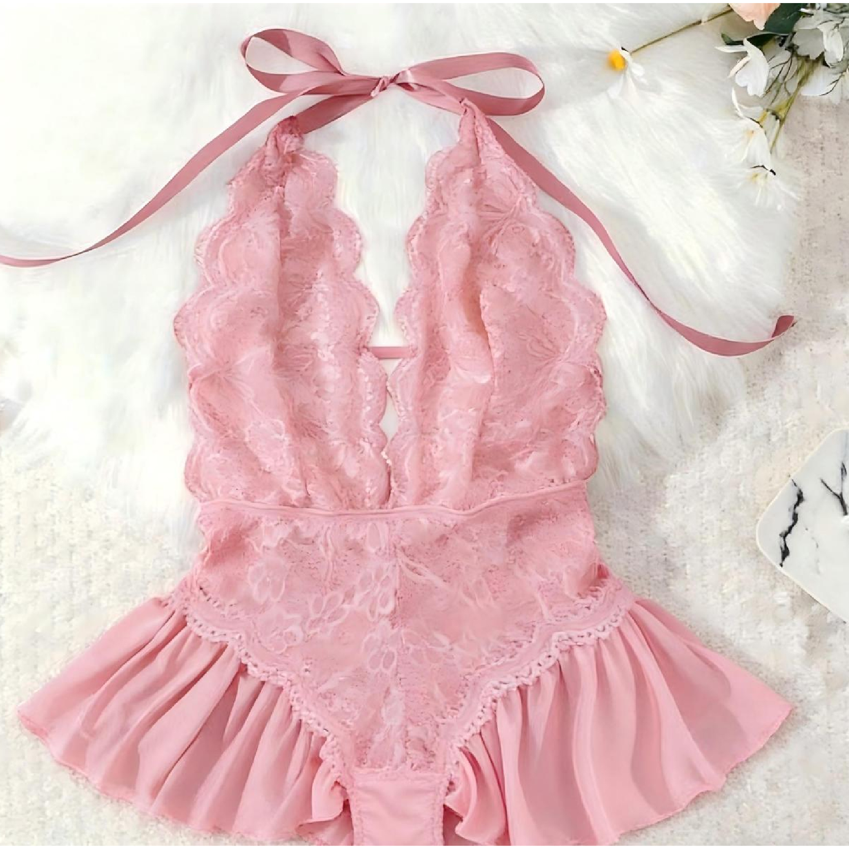 Qiq's Love Lace Halter Lingerie Set Sexy Sheer Mesh Nightwear Backless Sleepwear for Women