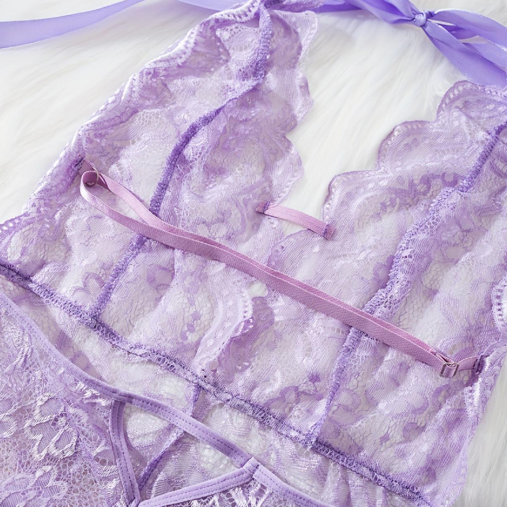 Qiq's Love Lace Halter Lingerie Set Sexy Sheer Mesh Nightwear Backless Sleepwear for Women