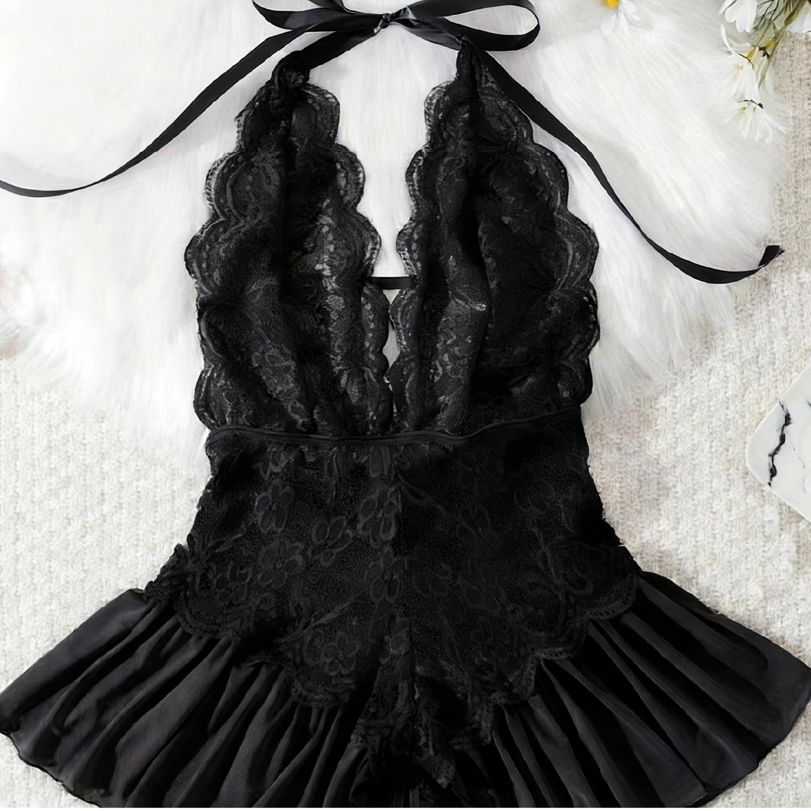 Qiq's Love Lace Halter Lingerie Set Sexy Sheer Mesh Nightwear Backless Sleepwear for Women